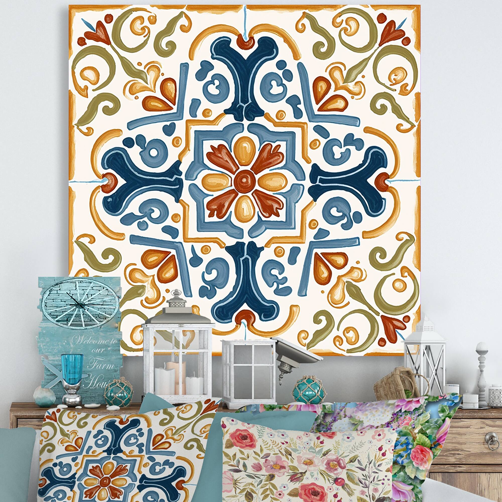 Designart "Mediterranean Tiles In Retro Blue II" Abstract Tile Canvas